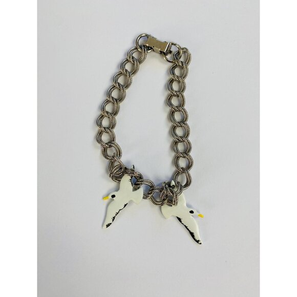 Vintage Seagull Enamel Bracelet, Silver Tone Bracelet with Seagull Charms, 80s - Picture 1 of 7